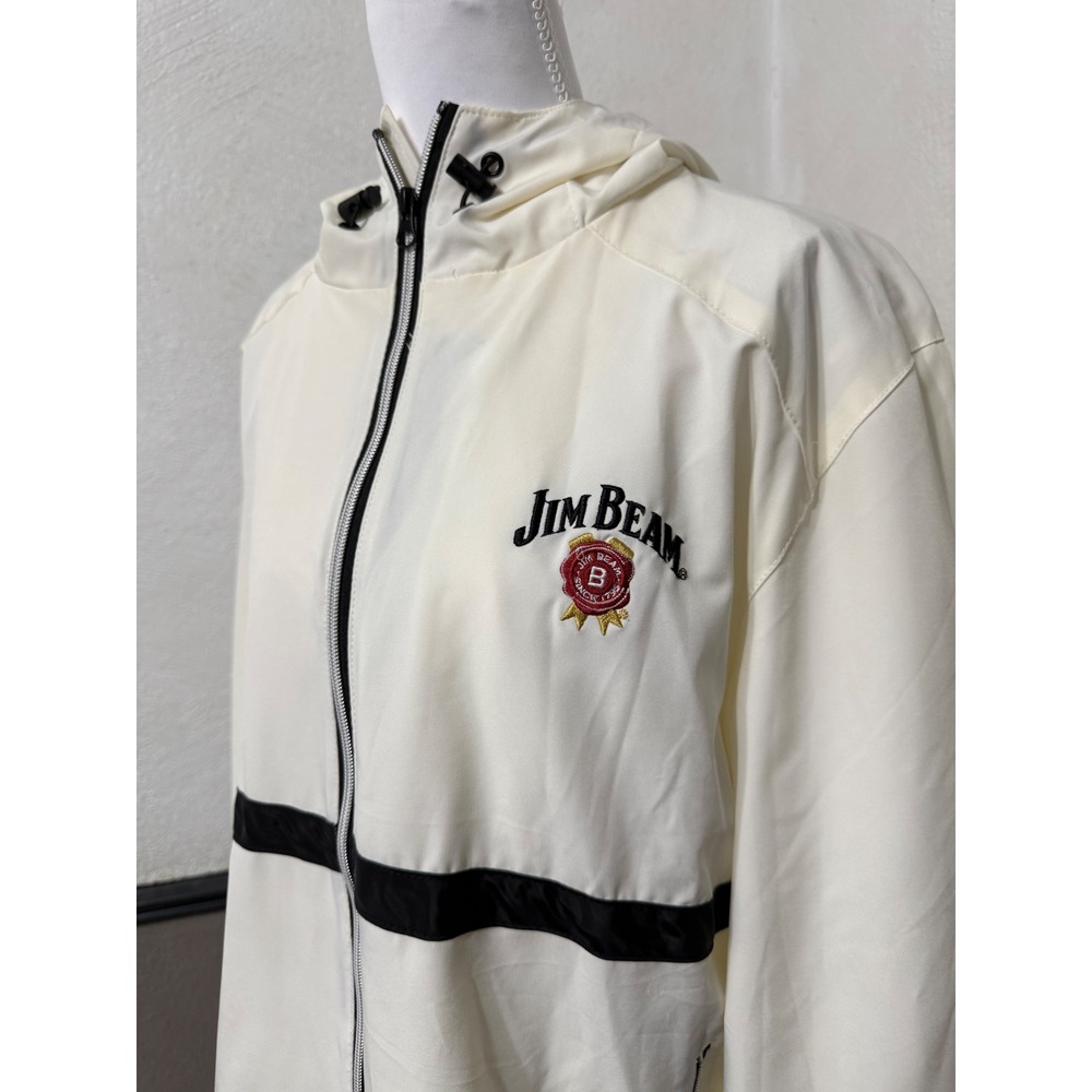 Jim Beam Off-White Hooded Windbreaker Jacket Siz Small Lightweight Full Zip Logo